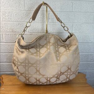 Christian Dior Canvas Cannage Beige Hobo Handle Bag Leather Trim Good Vintage